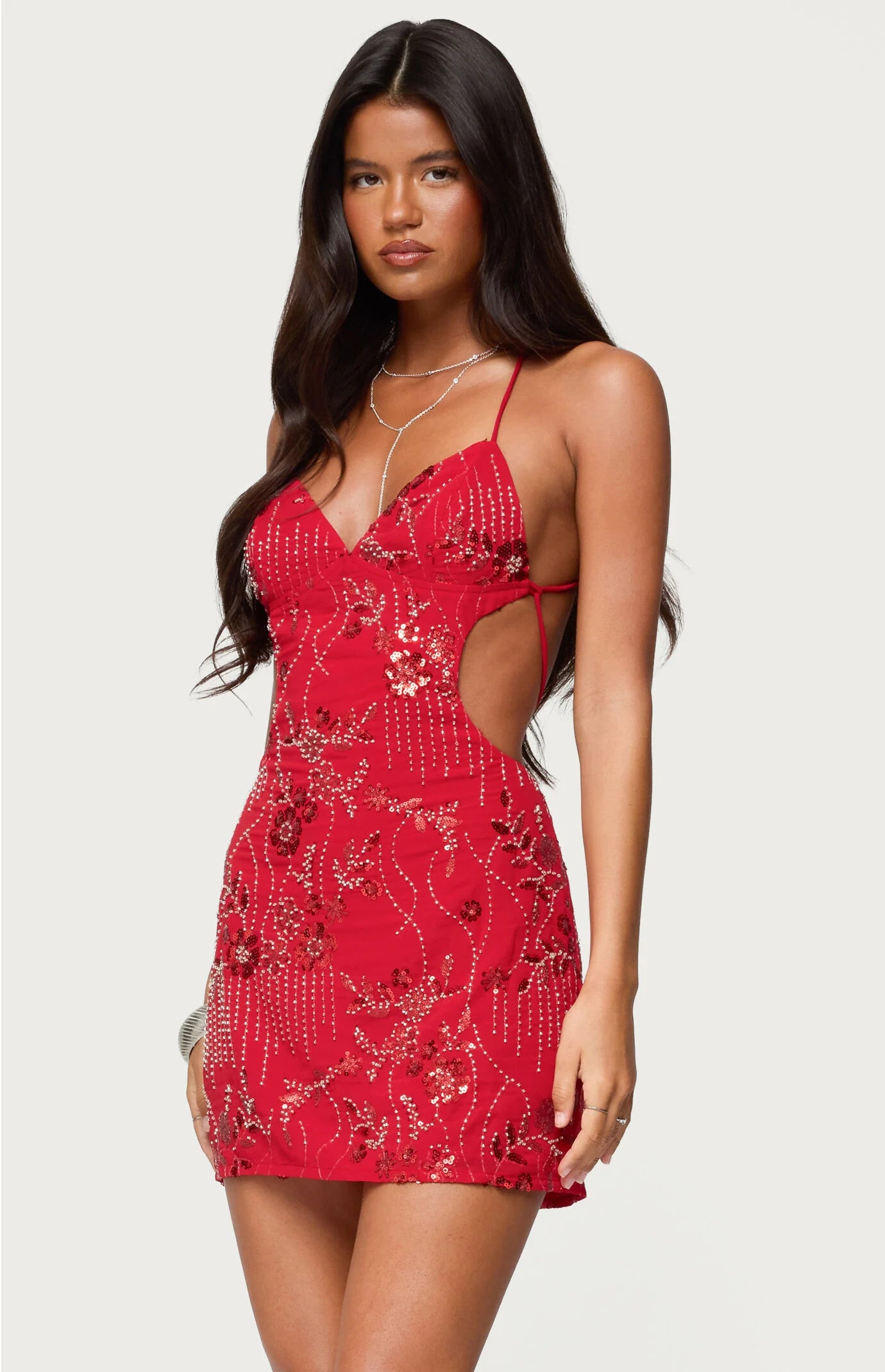 Edikted Annalee Backless Beaded Chiffon Mini Dress