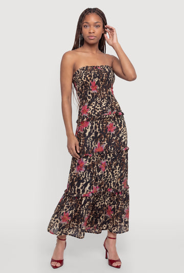 Floral Leopard Print Ruffle Tiered Tube Dress