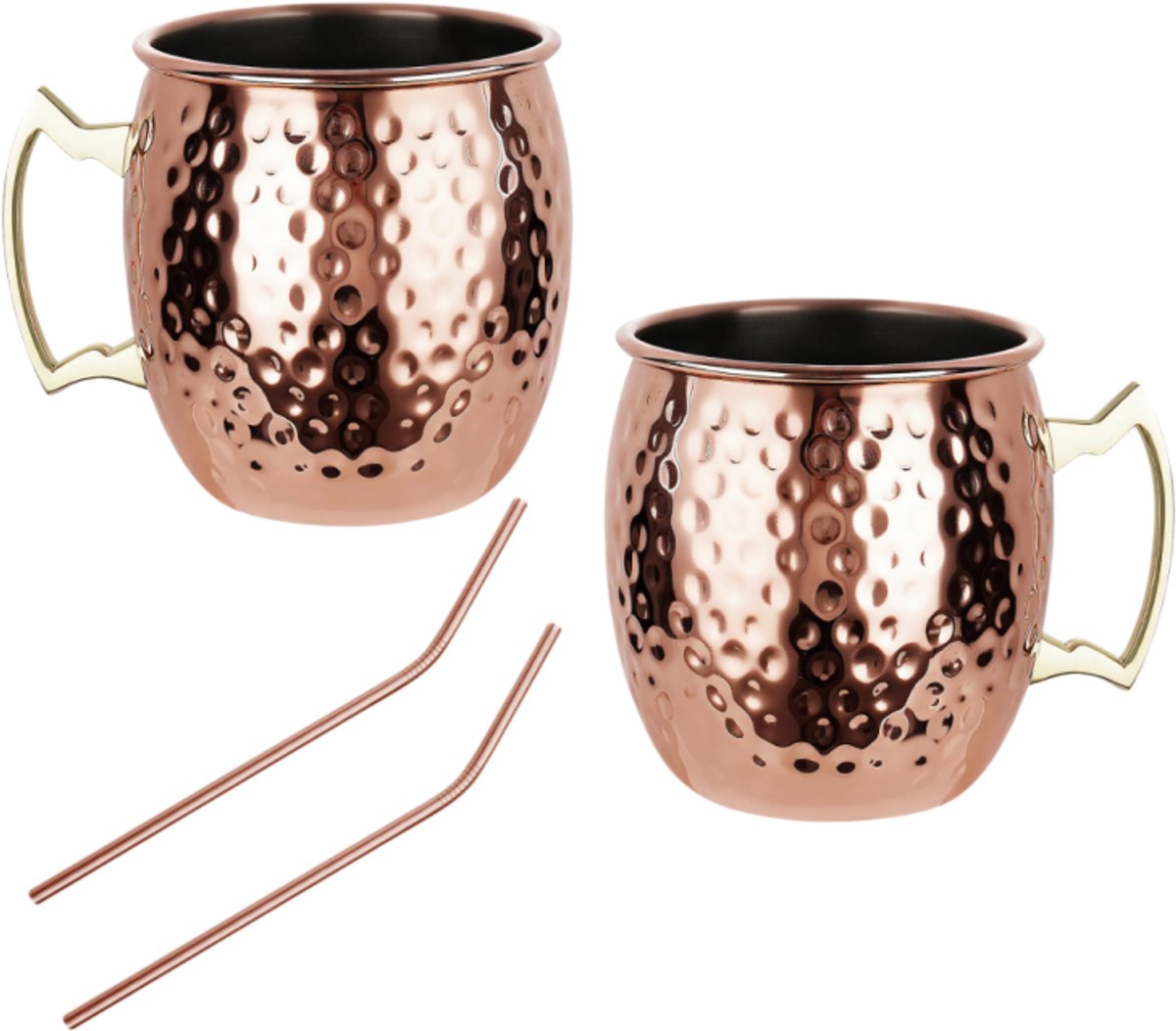 KINGHoff Moscow Mule Bekerset – 2 Koperen Bekers 500 ml + 2 Metalen Rietjes – RVS Binnenzijde – Hammered Design – Ideaal voor Cocktails & Iced Drinks
