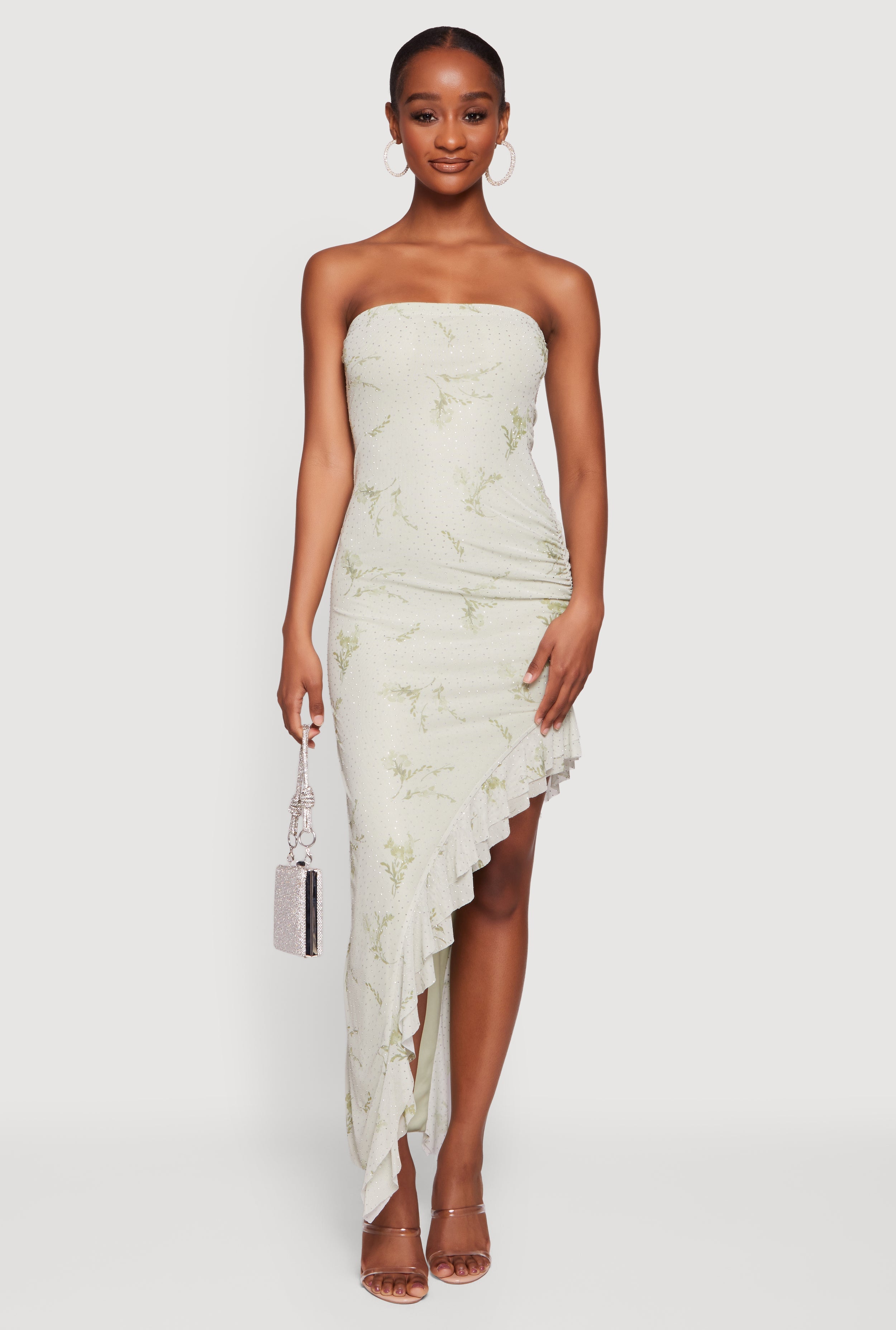 Rhinestone Floral Mesh Ruffle Trim Asymmetrical Dress