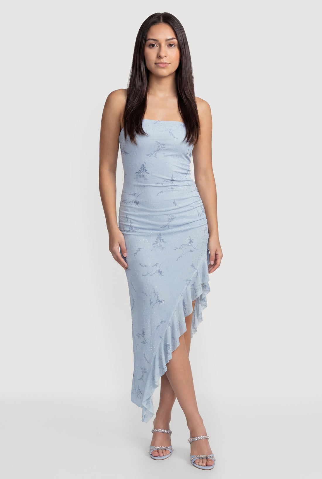 Rhinestone Floral Mesh Ruffle Trim Asymmetrical Dress