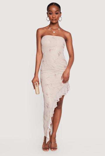 Rhinestone Floral Mesh Ruffle Trim Asymmetrical Dress