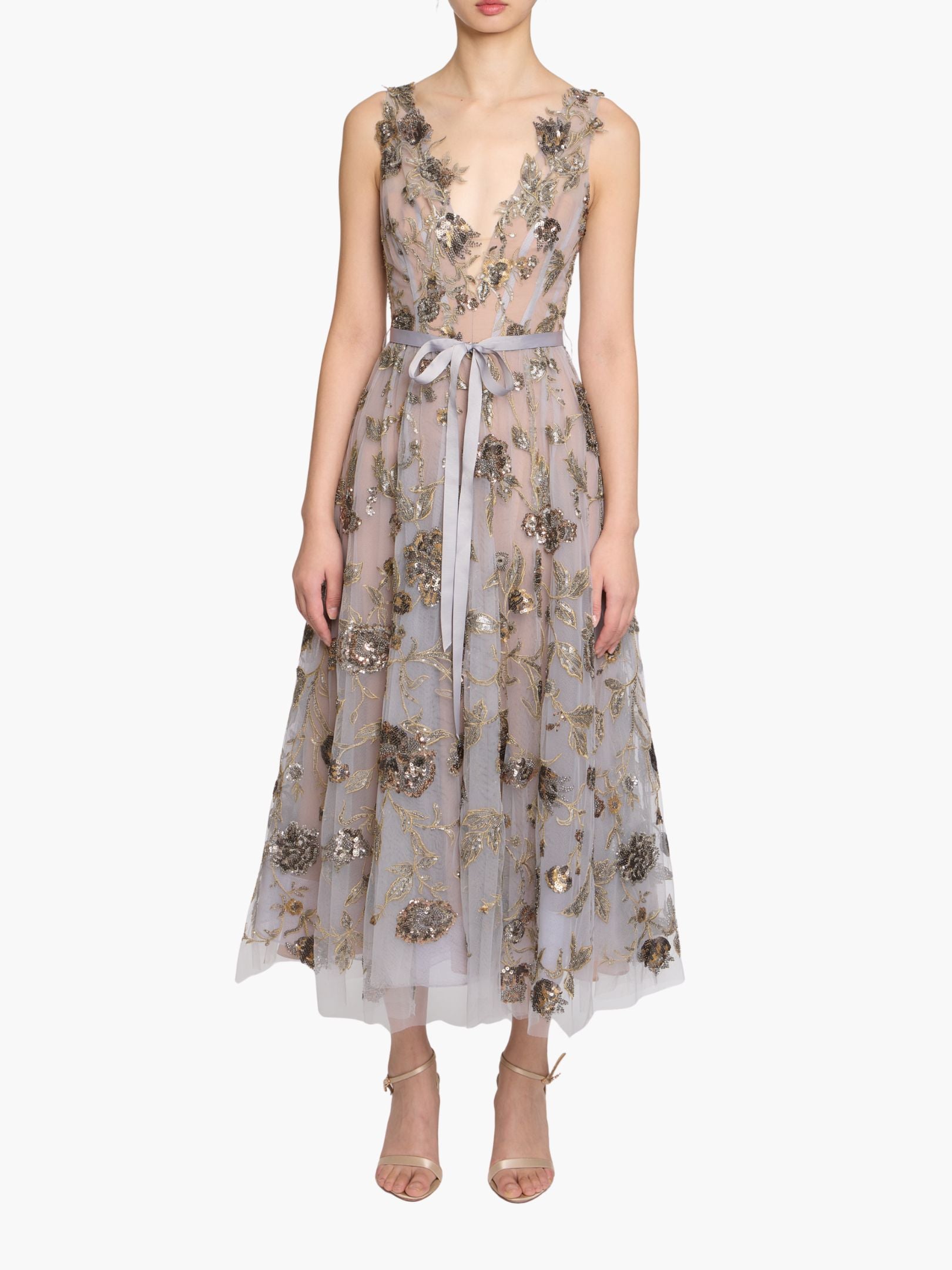 Illusion Murals Sleeveless Embroidered Tulle Midi Dress