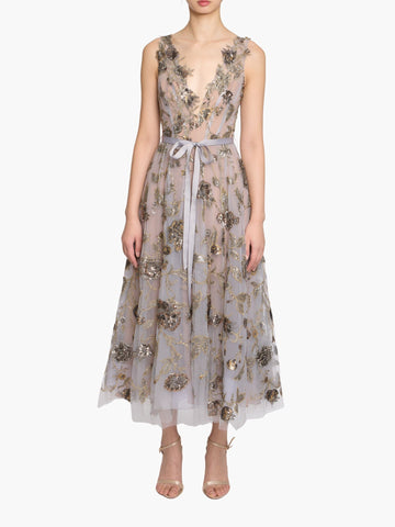 Illusion Murals Sleeveless Embroidered Tulle Midi Dress