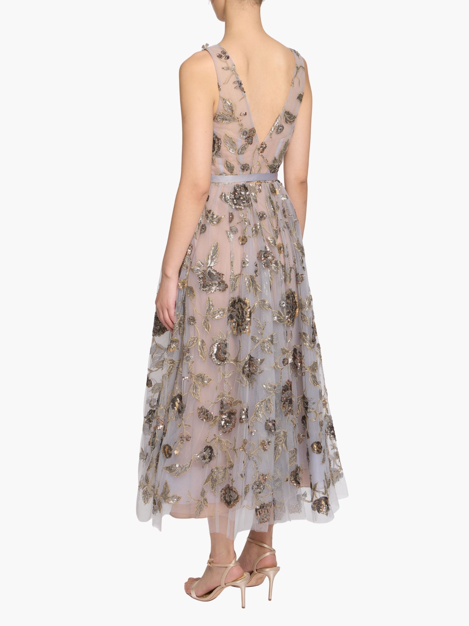 Illusion Murals Sleeveless Embroidered Tulle Midi Dress
