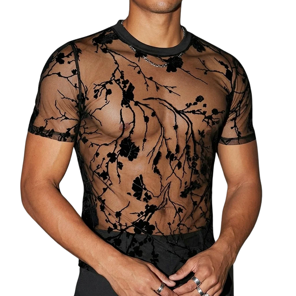 Shadow Bloom Meshshirt in Schwarz, Nahaufnahme, techno-inspirierter Look, ideal für Rave und Festival.