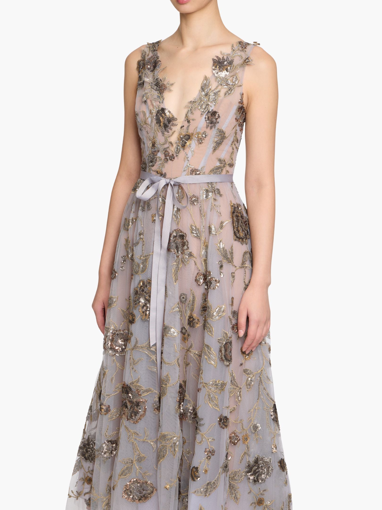 Illusion Murals Sleeveless Embroidered Tulle Midi Dress