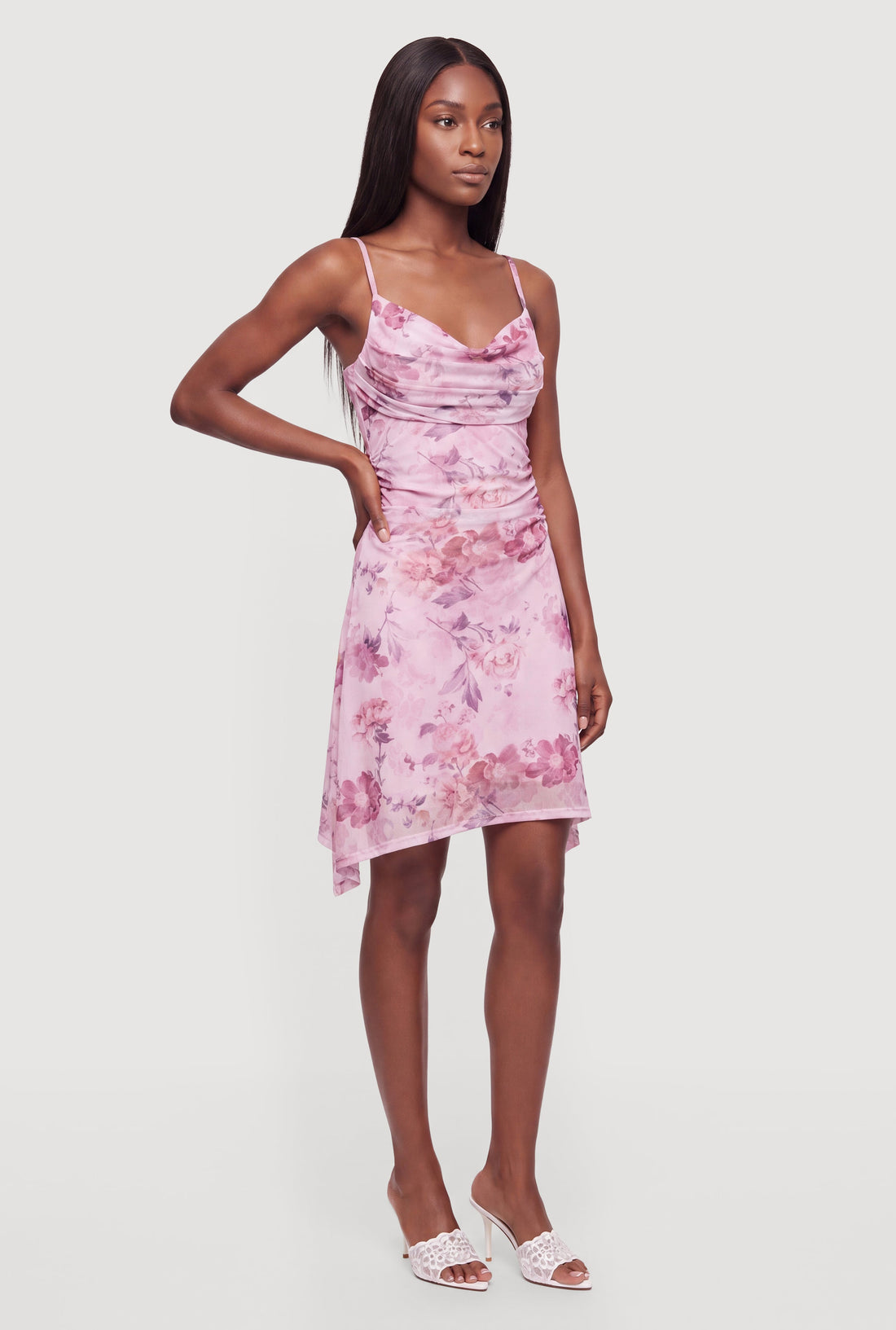 Floral Mesh Side Ruched Cowl Neck Dress