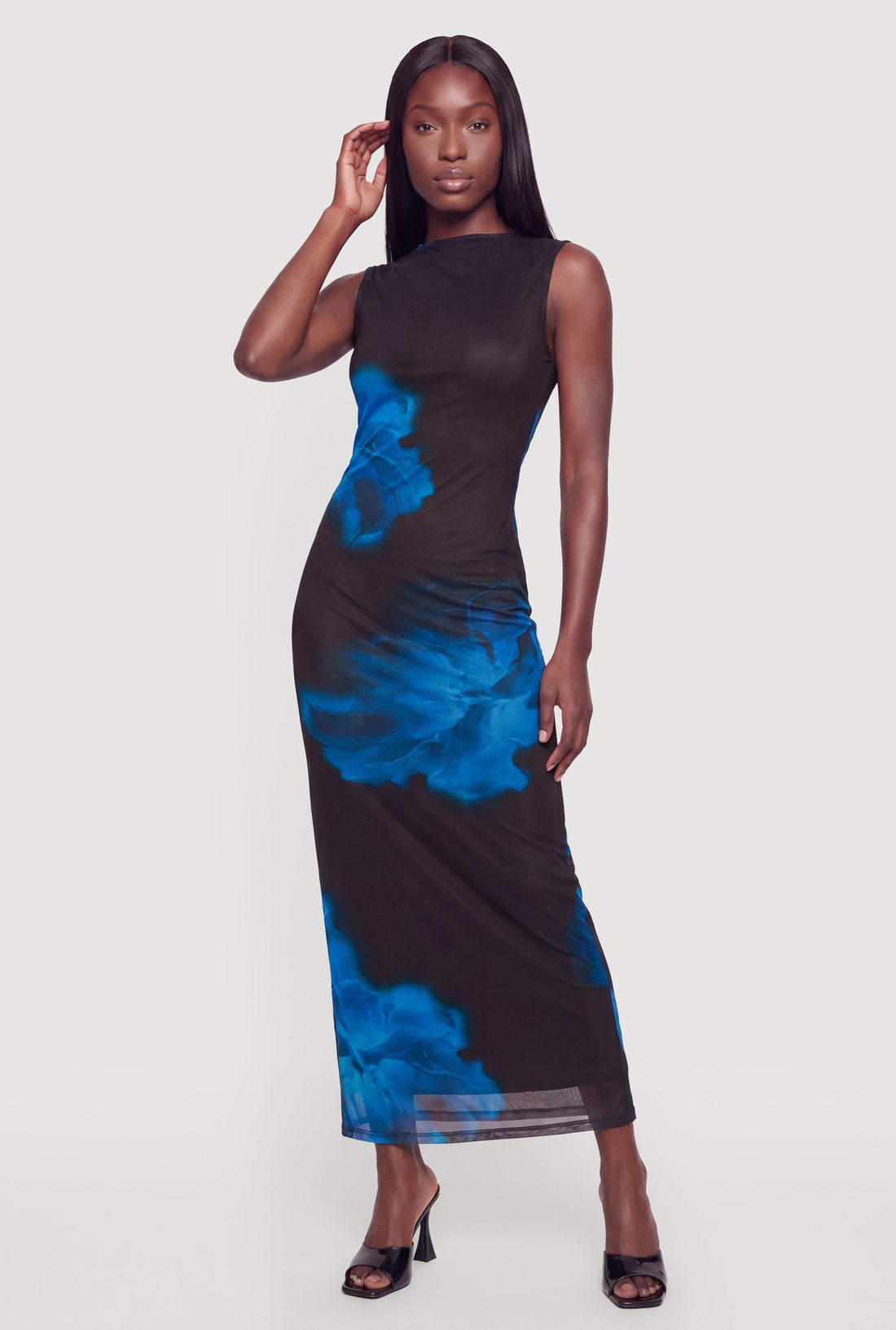Floral Mesh Side Ruched Mock Neck Maxi Dress