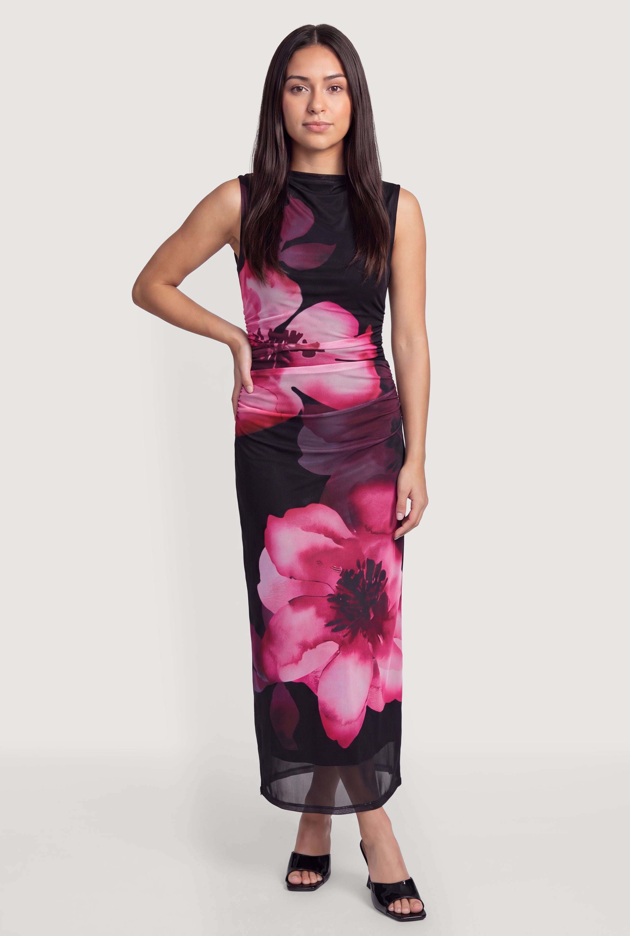 Sleeveless Mock Neck Ruched Floral Mesh Maxi Dress