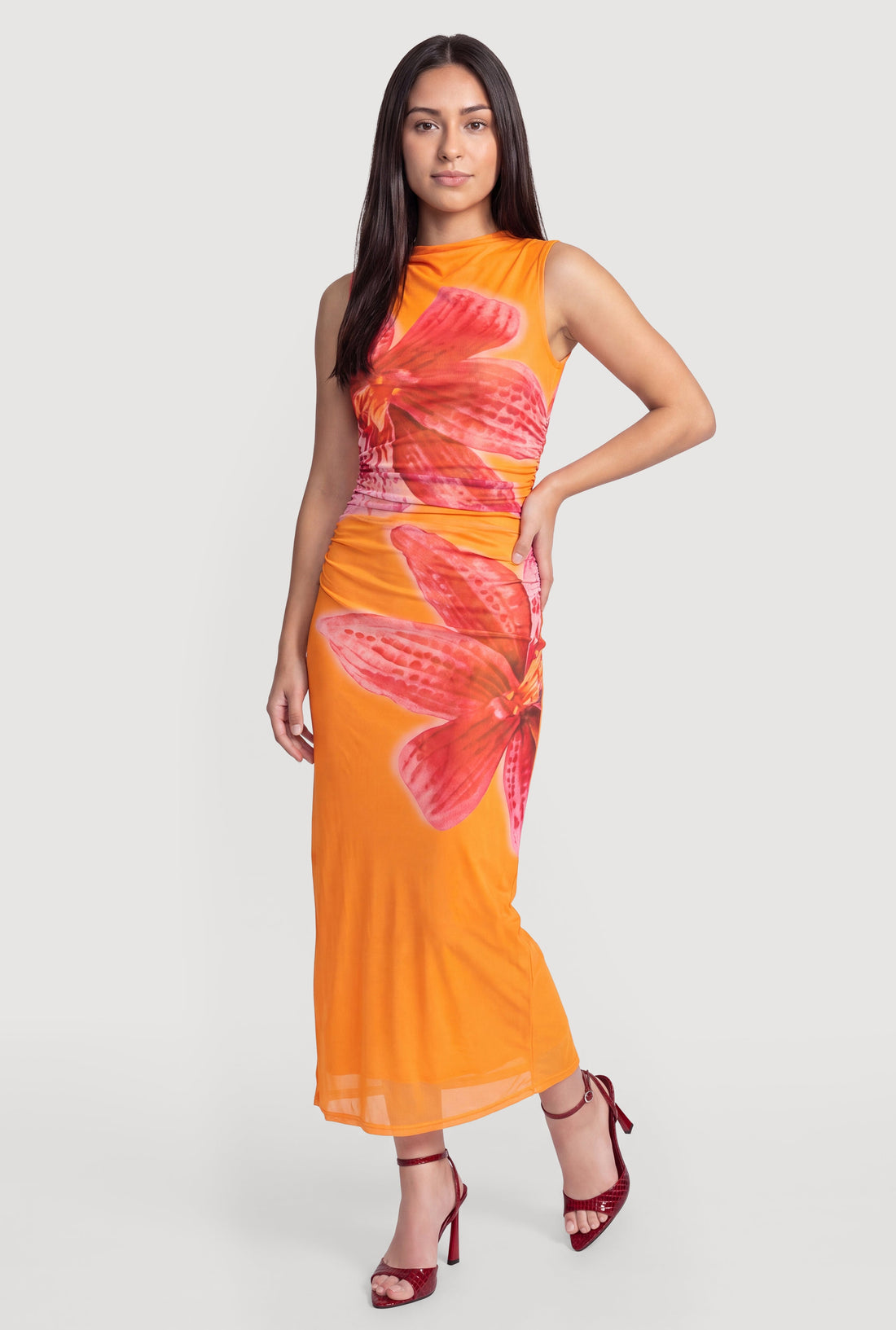 Sleeveless Mock Neck Ruched Floral Mesh Maxi Dress