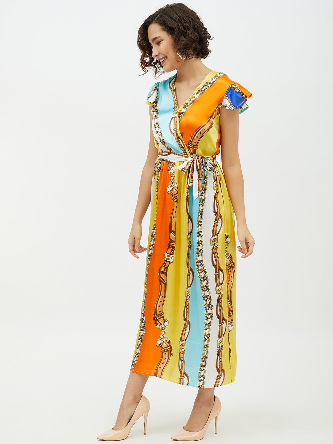 Women's Satin Chain Print Long Dress - StyleStone