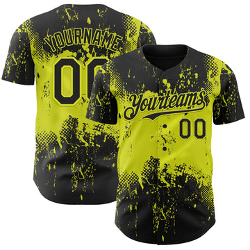 Custom Black Neon Yellow 3D Pattern Design Abstract Splatter Grunge Paint Authentic Baseball Jersey
