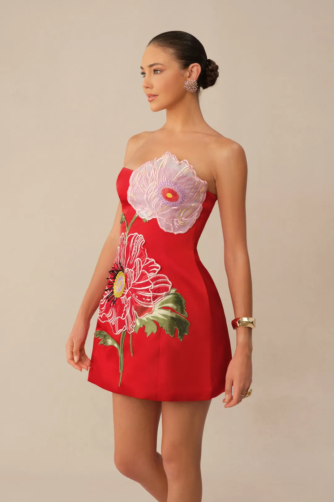The Guest List Red Strapless Floral Embroidery Mini Dress