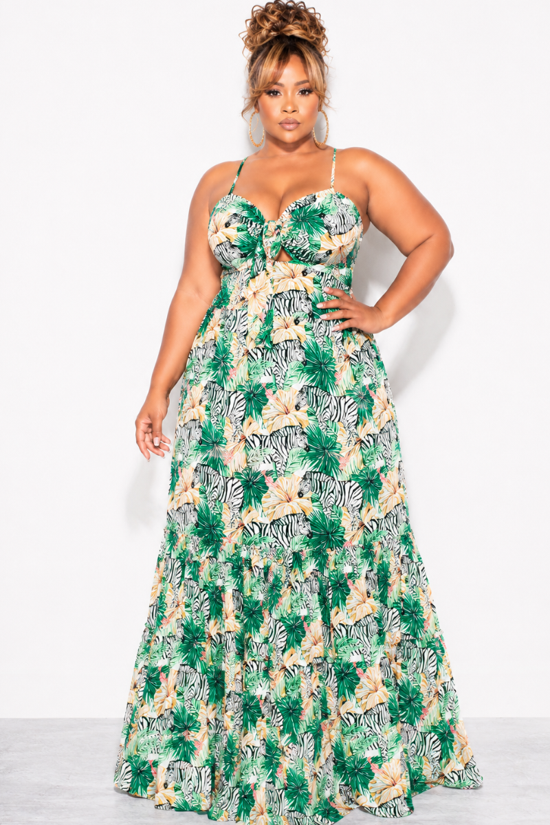 Final Sale Plus Size Tank Maxi Dress in Chiffon in Green with Zebra Print Summer