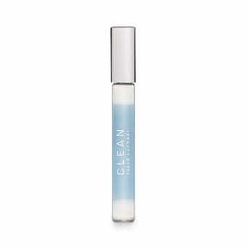 Clean perfume rollerball in blue glass bottle with silver cap, isolated on white background.