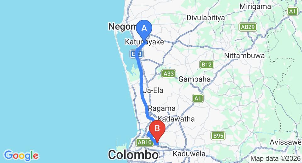 Driving route map: Colombo Airport (CMB) to Kelaniya (30 km, approx 36 min private transfer)