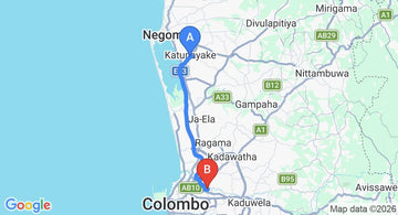 Driving route map: Colombo Airport (CMB) to Kelaniya (30 km, approx 36 min private transfer)