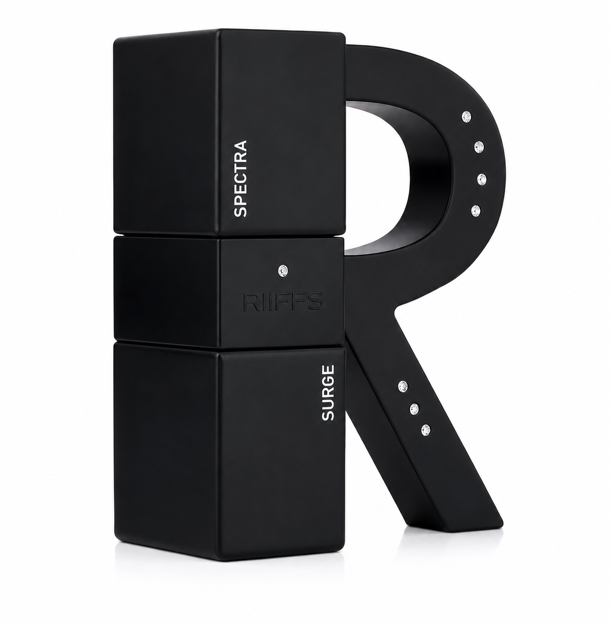 Riiffs Spectra Surge fragrance bottle with a unique matte black design shaped around a large stylized letter "R" accented by small crystal details, shown on a white background.