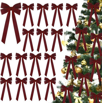 JOICEE Velvet Bows - 15Pcs Christmas Tree Decorations | Rustic Gift Ribbon Bows in Burgundy, 5 x 12 Inch