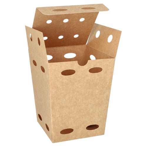 The PAPSTAR 50 French fry boxes made of brown cardboard (“pure,” 100% Fair Trade) are eco-friendly and come from the PAPSTAR GmbH and have several round openings on the sides and lid; the box is open with flaps folded up.
