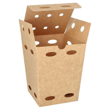 The PAPSTAR 50 French fry boxes made of brown cardboard (“pure,” 100% Fair Trade) are eco-friendly and come from the PAPSTAR GmbH and have several round openings on the sides and lid; the box is open with flaps folded up.