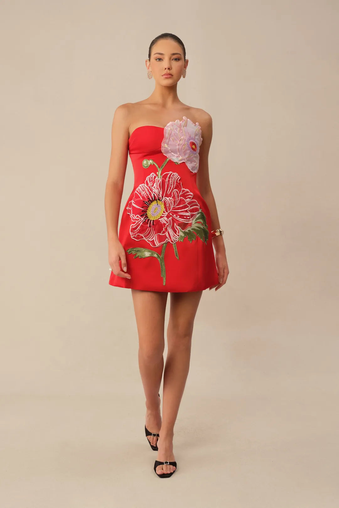 The Guest List Red Strapless Floral Embroidery Mini Dress