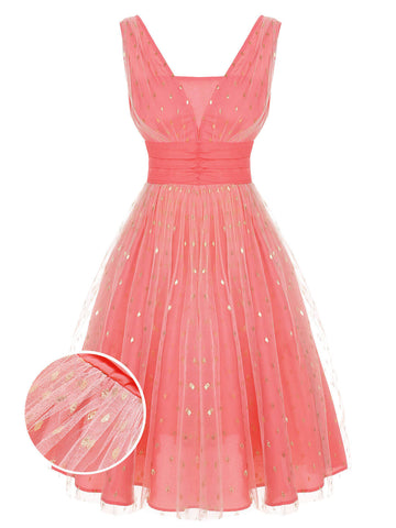 Coral Pink 1950s V-Neck Sequin Dress, vintage dress, retro fashion, rockabilly, pin-up fashion - perfect for women who love vintage and retro fashion