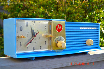 SOLD! - May 28, 2015 - CORNFLOWER BLUE Bi-level Retro Jetsons 1957 Motorola 57CD Tube AM Clock Radio WORKS! - [product_type} - Motorola - Retro Radio Farm
