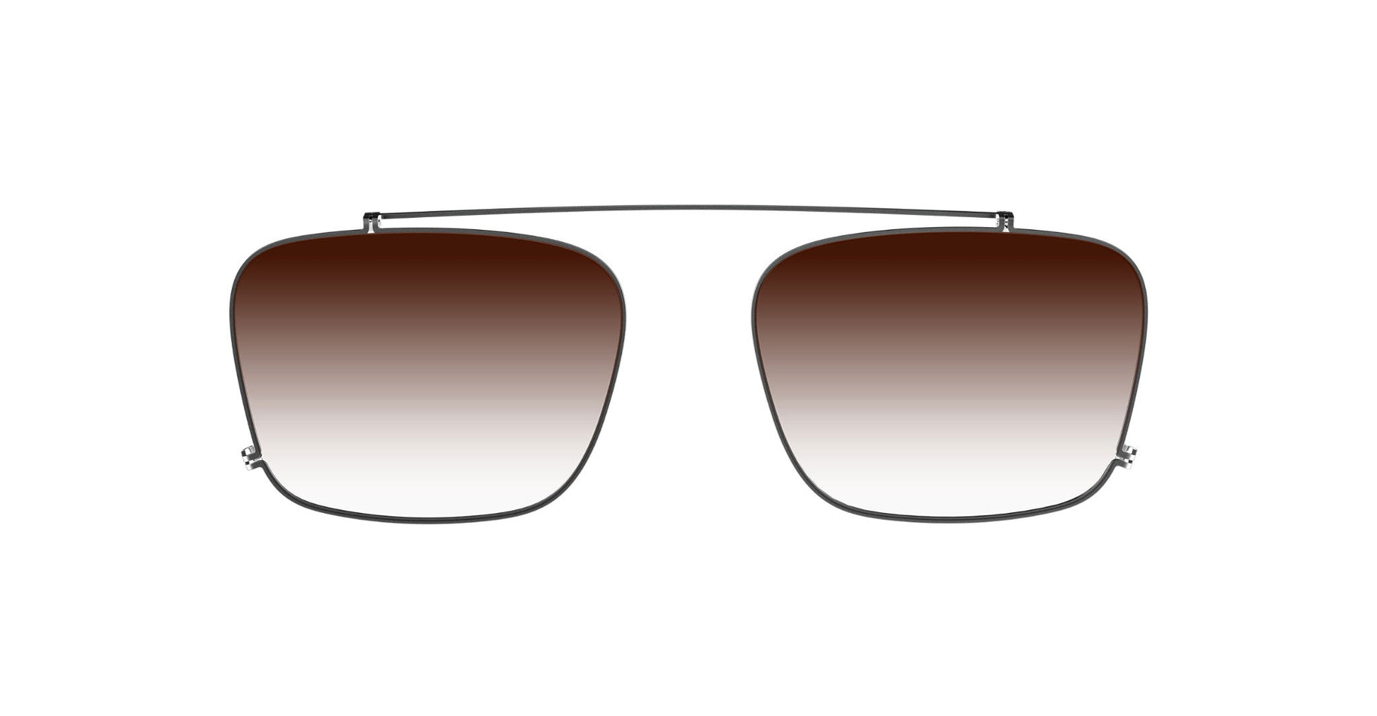 Even Realities G2 B Clip-On sunglasses, slim metal rectangular frame with brown gradient lenses, front view.