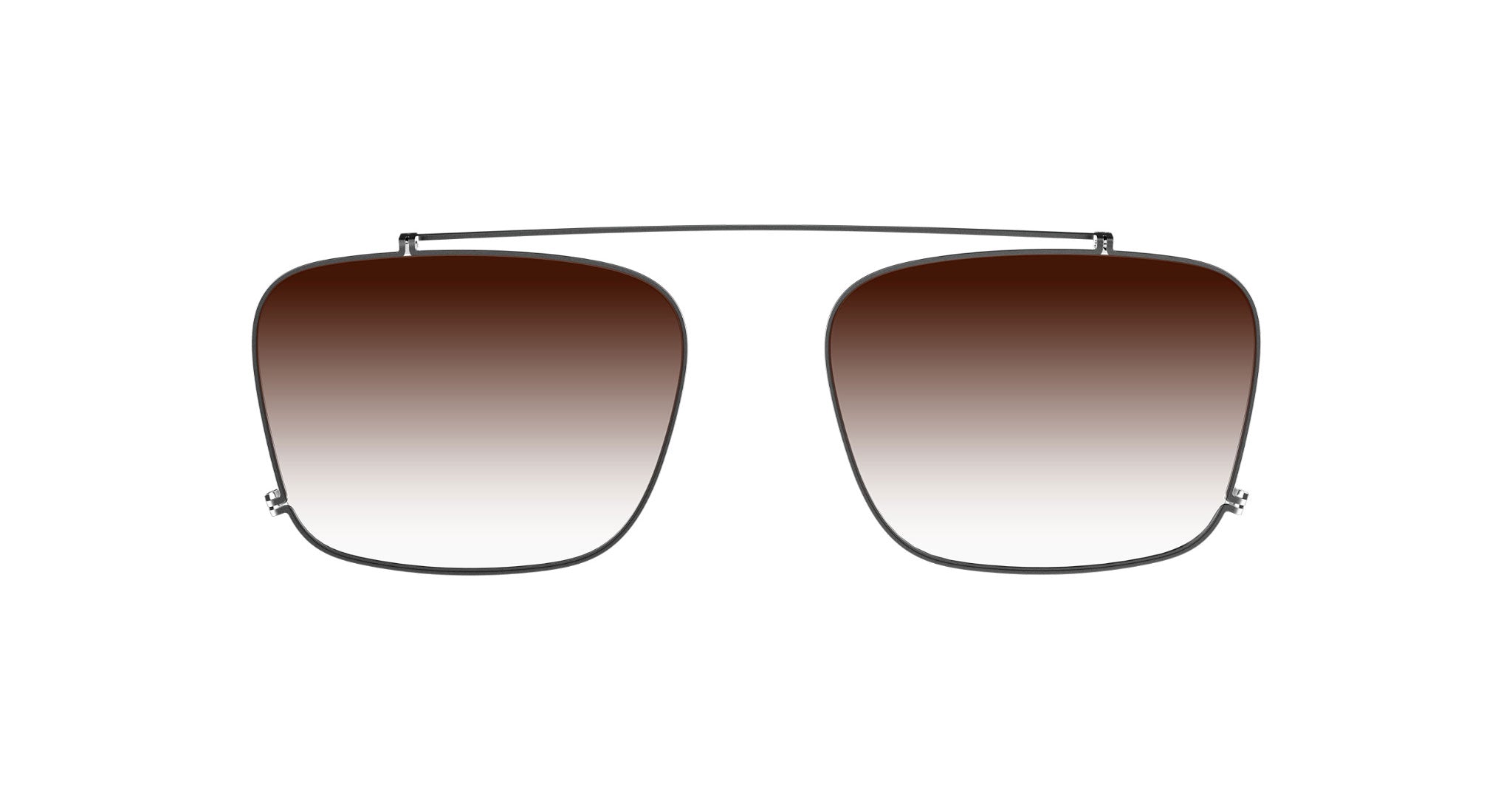 Even Realities G2 B Clip-On sunglasses, slim metal rectangular frame with brown gradient lenses, front view.