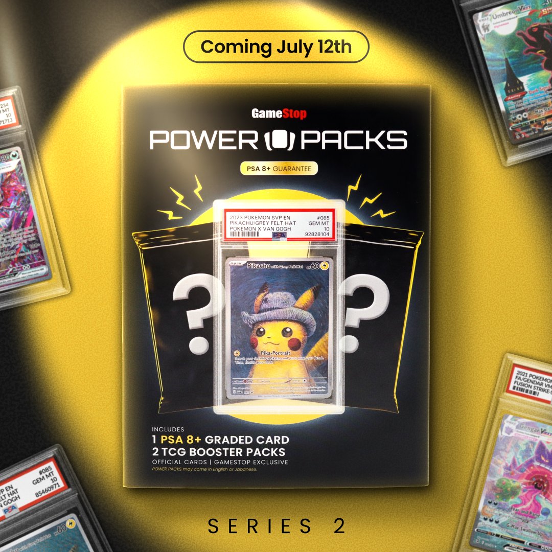 POWER PACKS ARE BACK. Unbox a mystery PSA 8+ graded card and two random boosters. In stores July 12