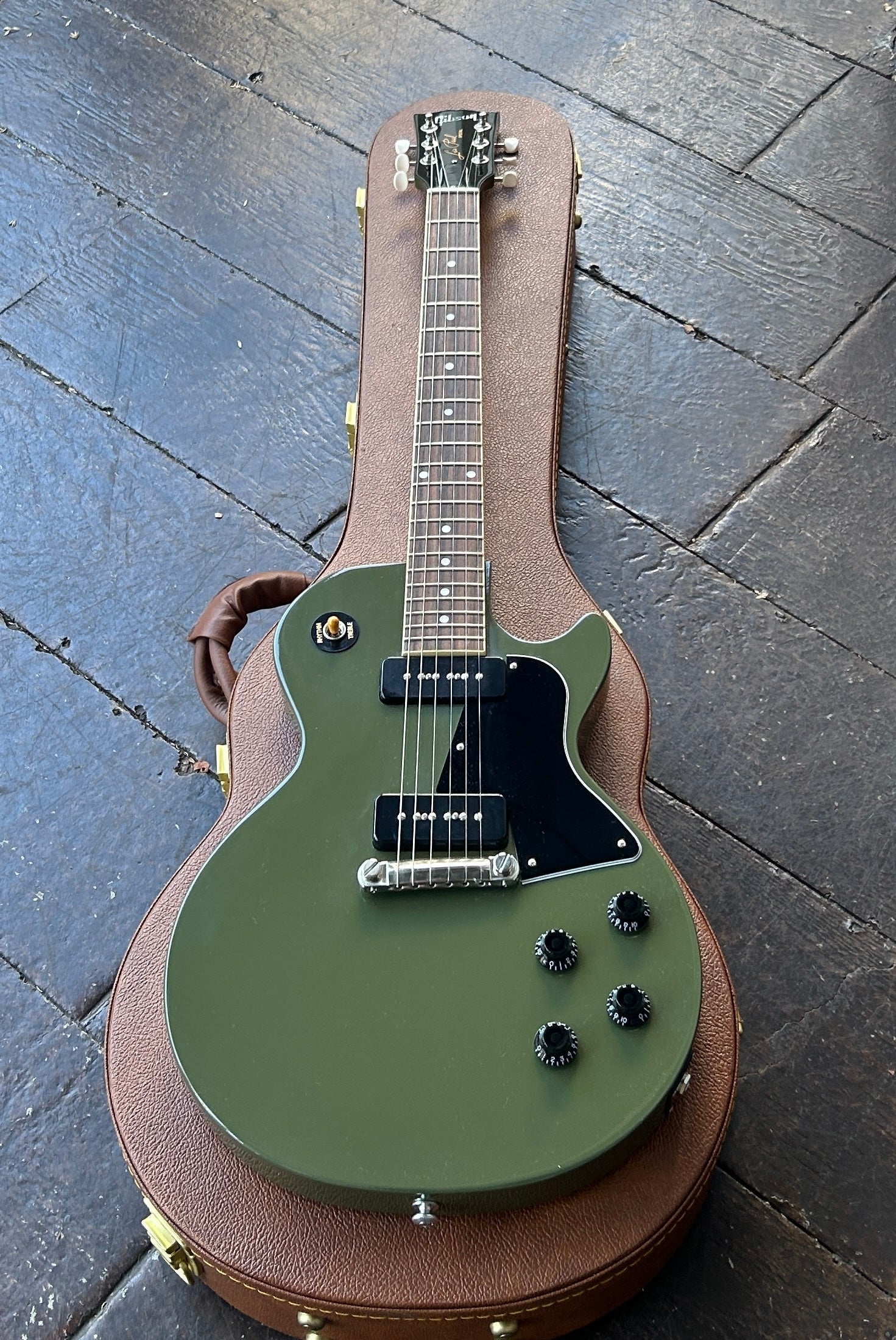 2022 Gibson Les Paul Special, Olive Drab Gloss electric guitar with black p0- pick ups, rosewood fretboard and black headstock