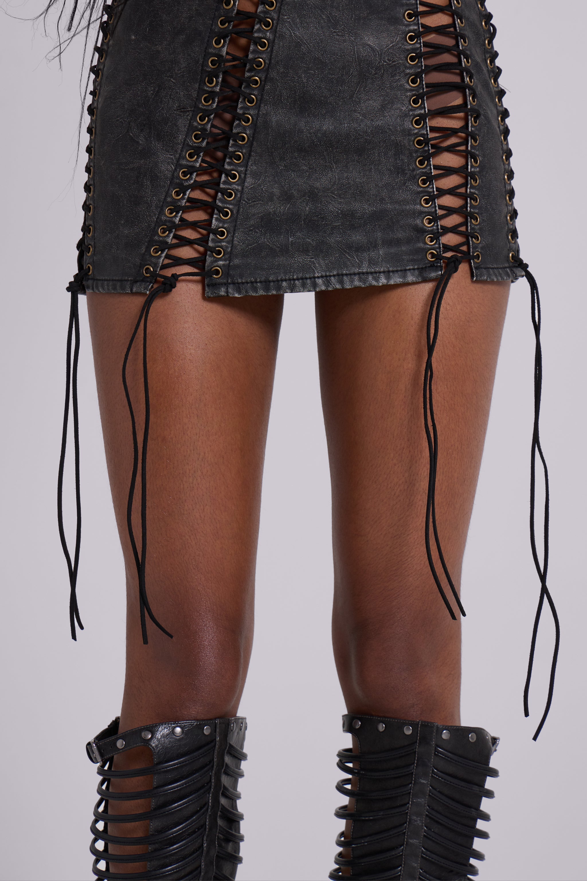 Odile Black Faux Leather Lace Up Mini Dress