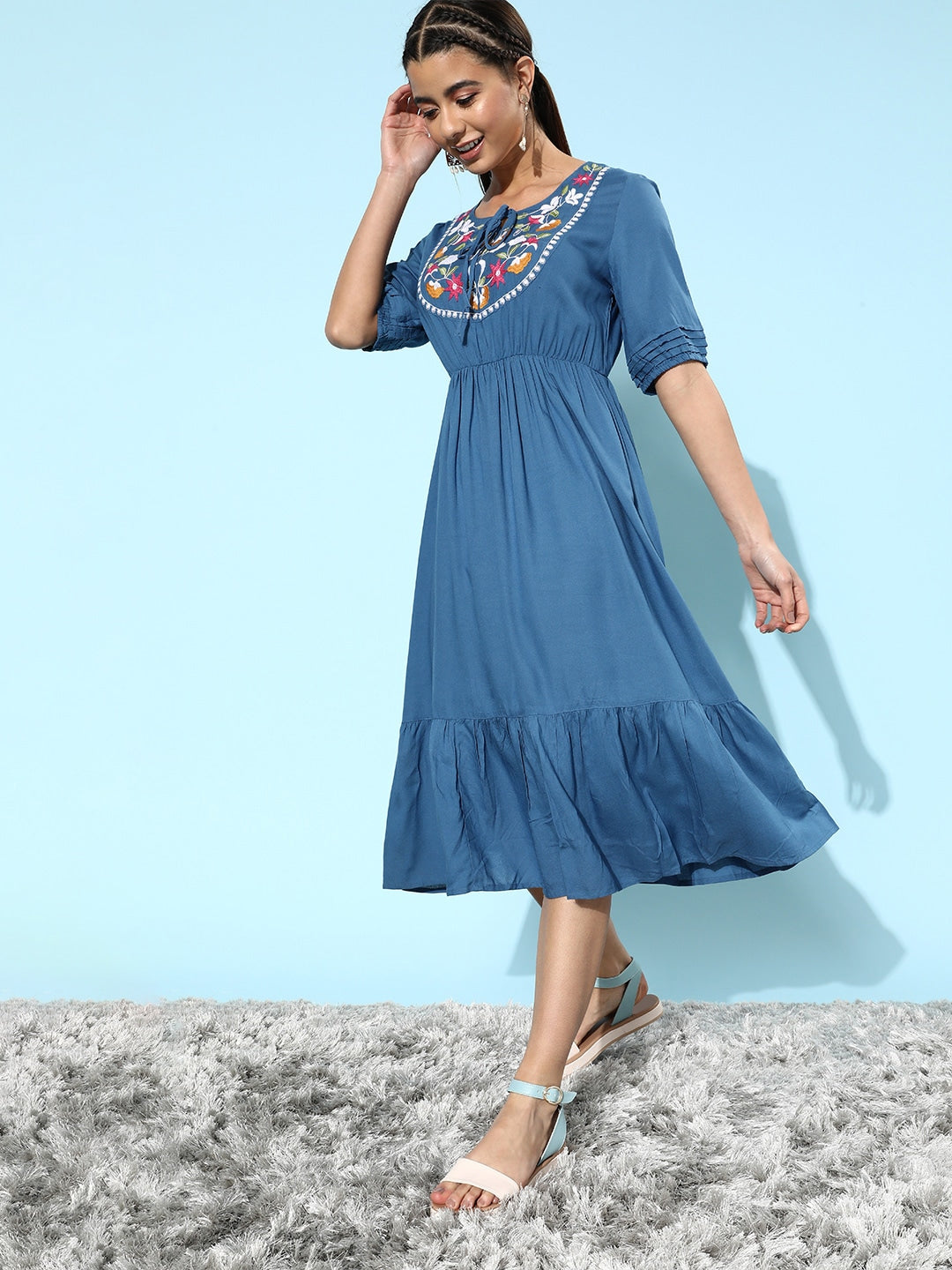 Blue Floral Embroidered Viscose Kurti