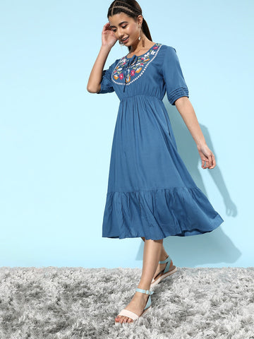 Blue Floral Embroidered Viscose Kurti