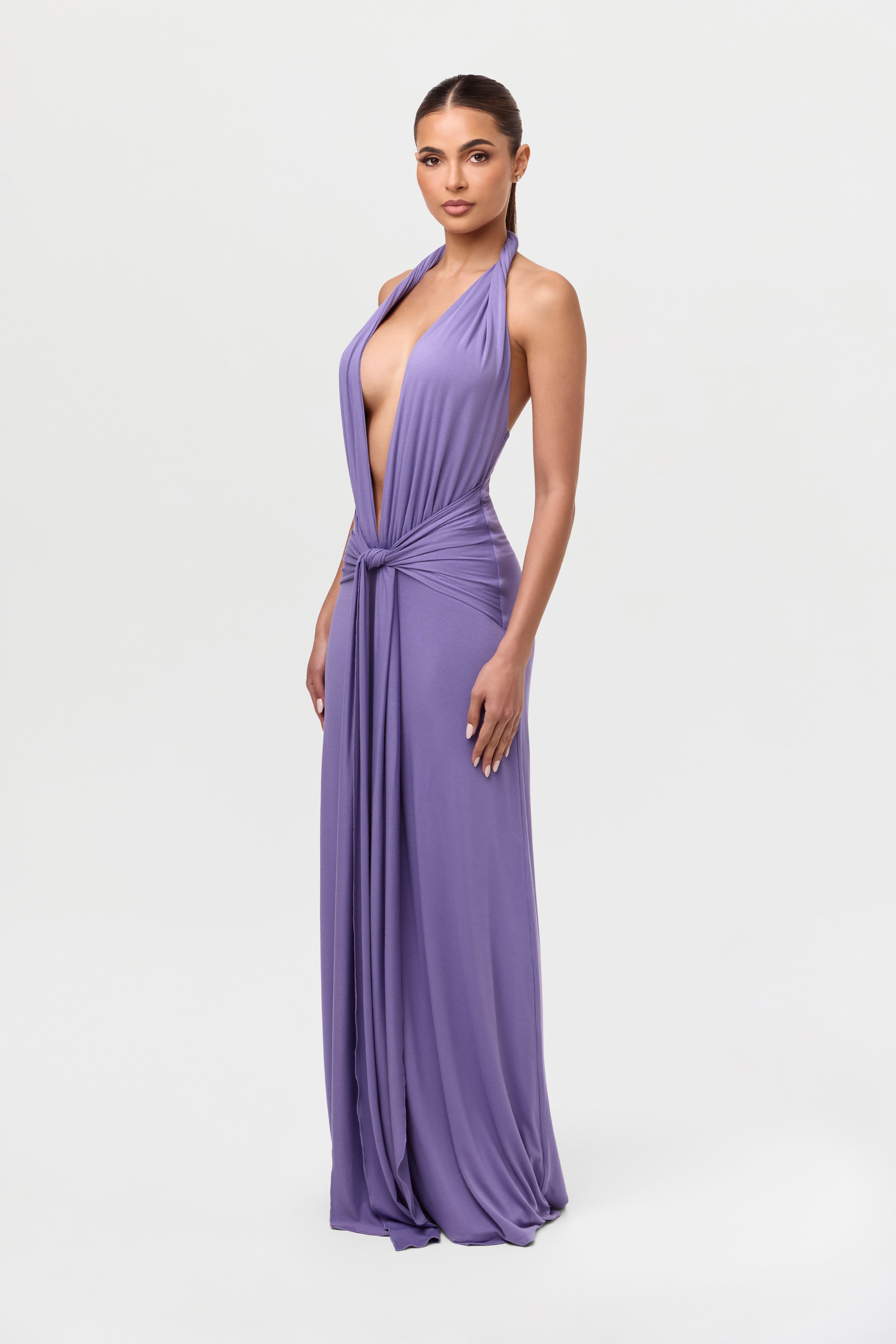 Smooth Halter Plunge Drape Tie Dress