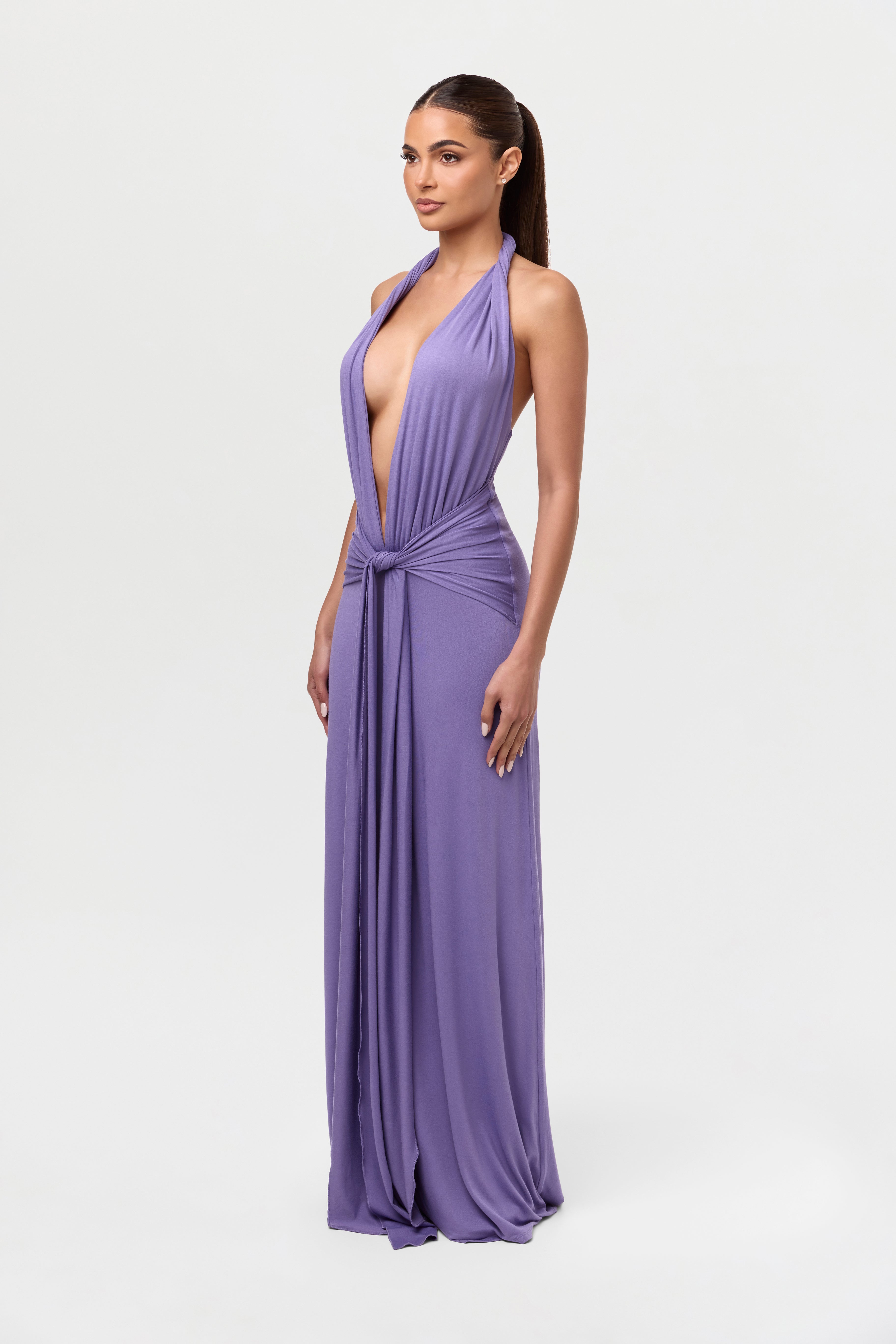 Smooth Halter Plunge Drape Tie Dress