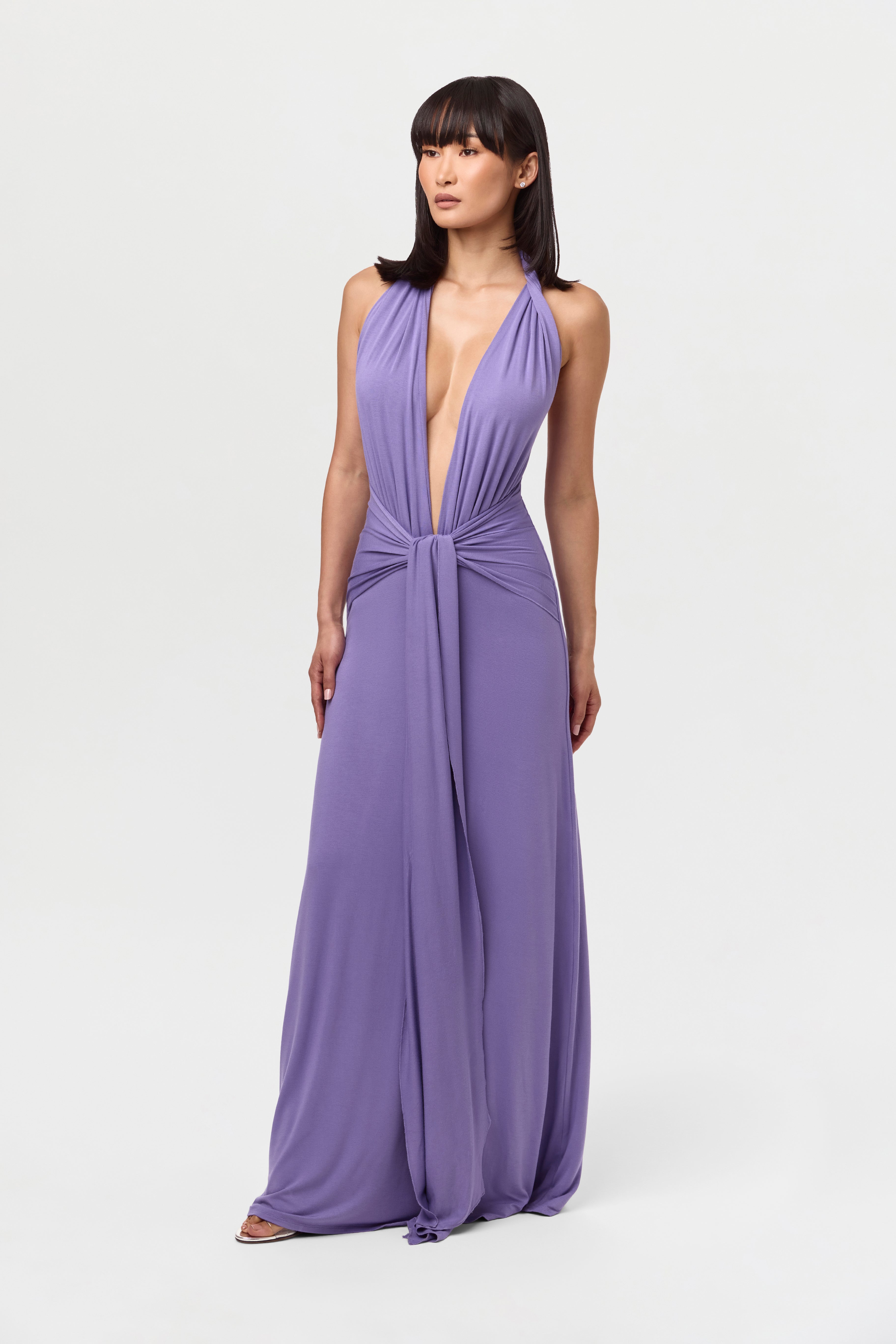 Smooth Halter Plunge Drape Tie Dress