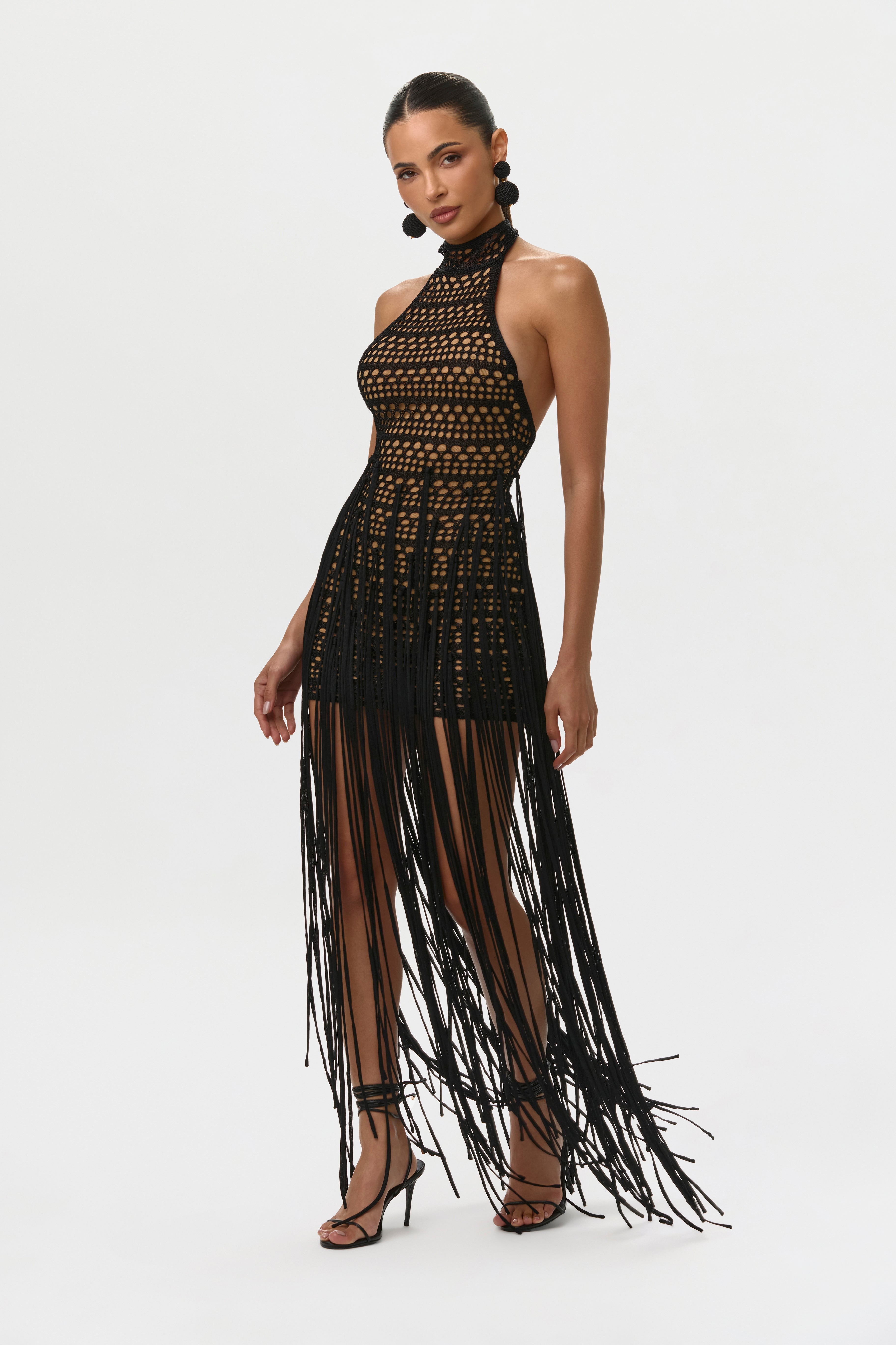 Crochet Fringe Halter Mini Dress