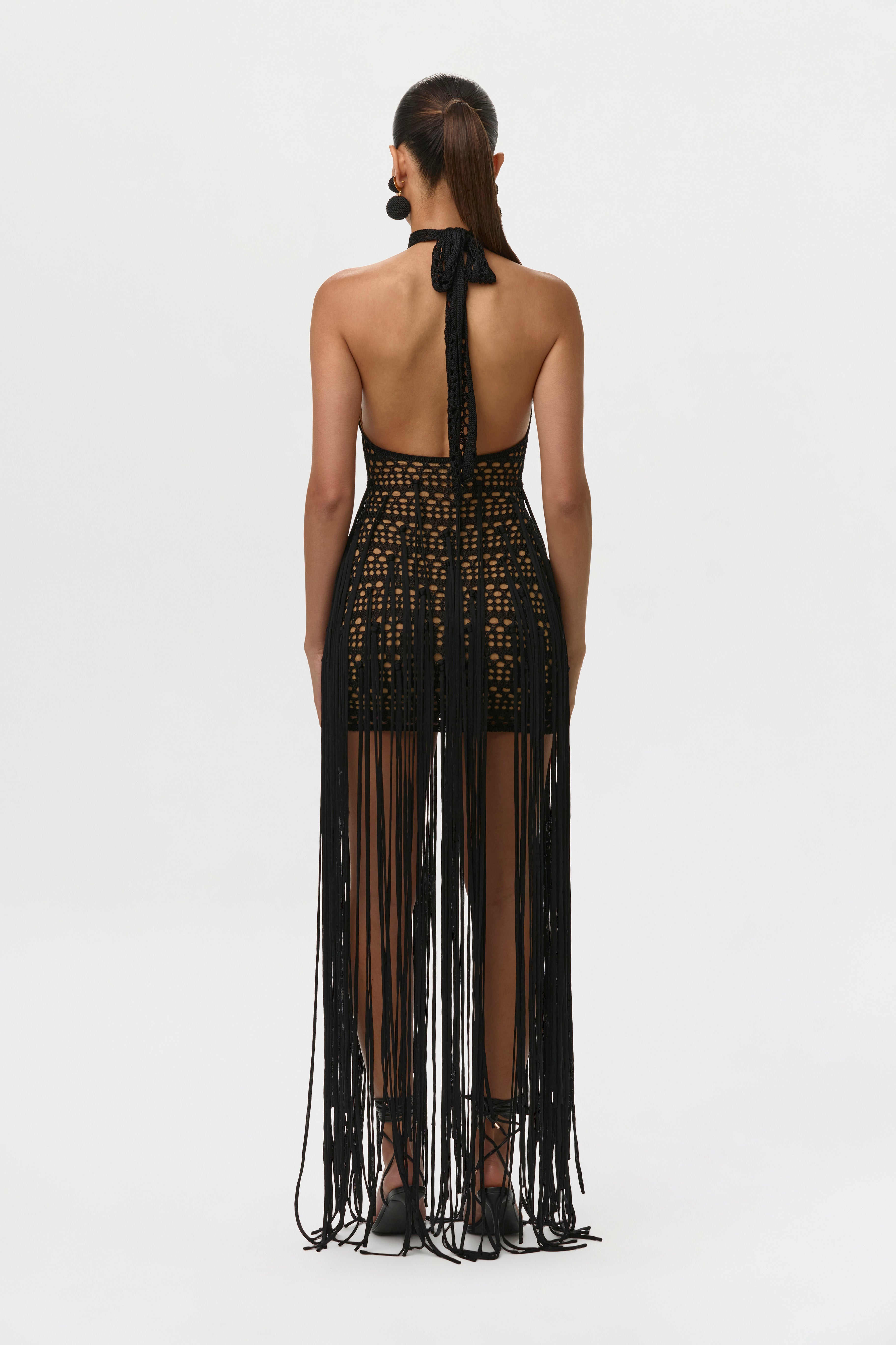 Crochet Fringe Halter Mini Dress