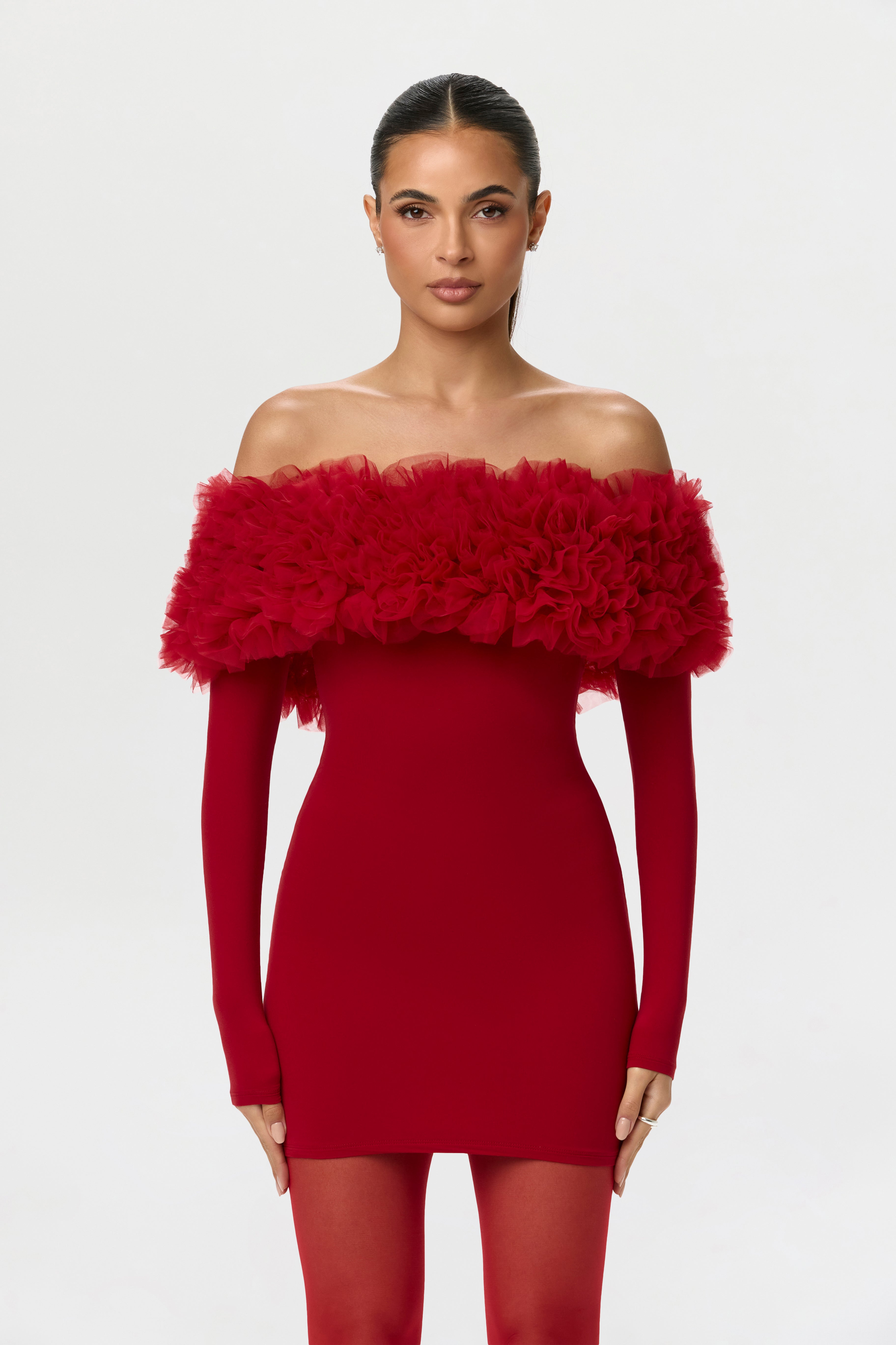Naked Off-Shoulder Roses Mini Dress