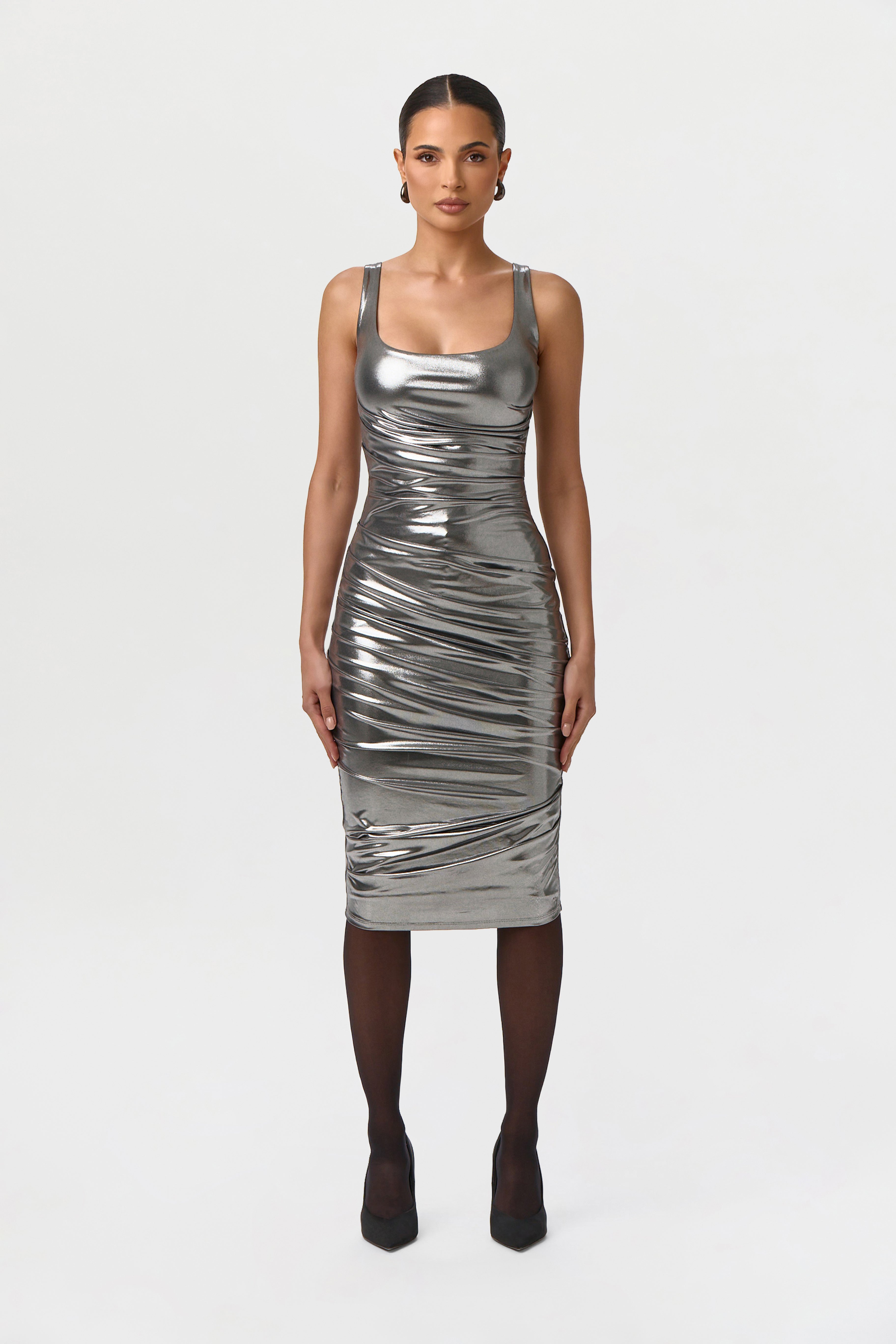 Foil Jersey Scoop Midi Dress