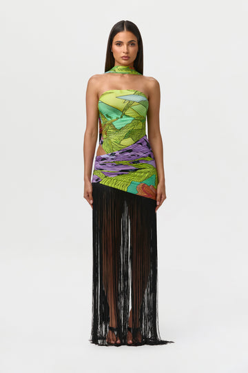 Naked Print Fringe Tube Dress