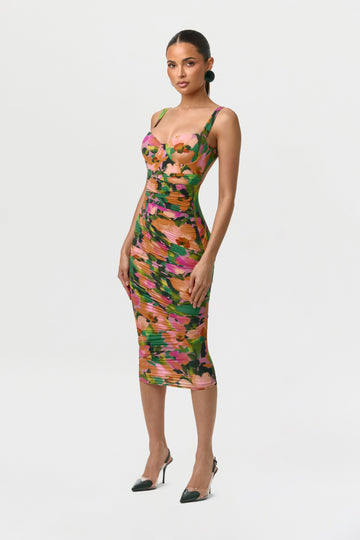 Naked Print Ruched Open Back Dress