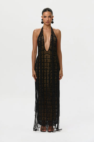 Crochet Plunge Fringe Maxi Dress