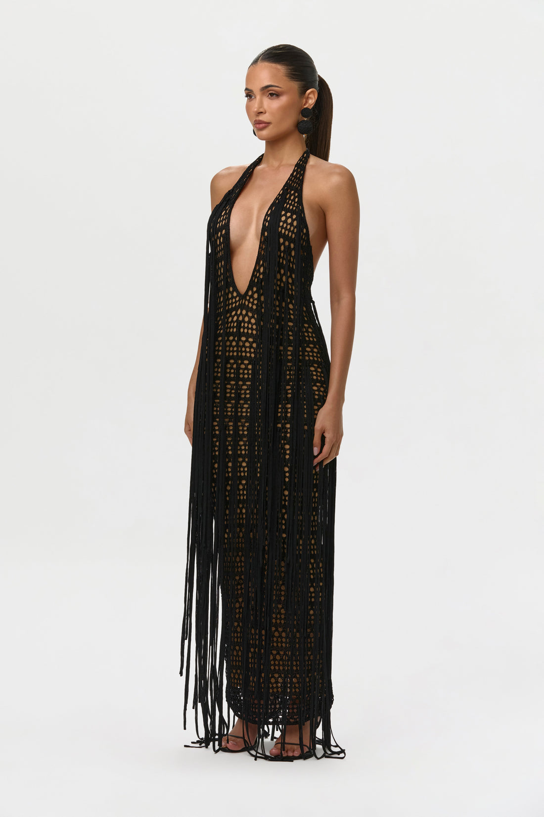 Crochet Plunge Fringe Maxi Dress