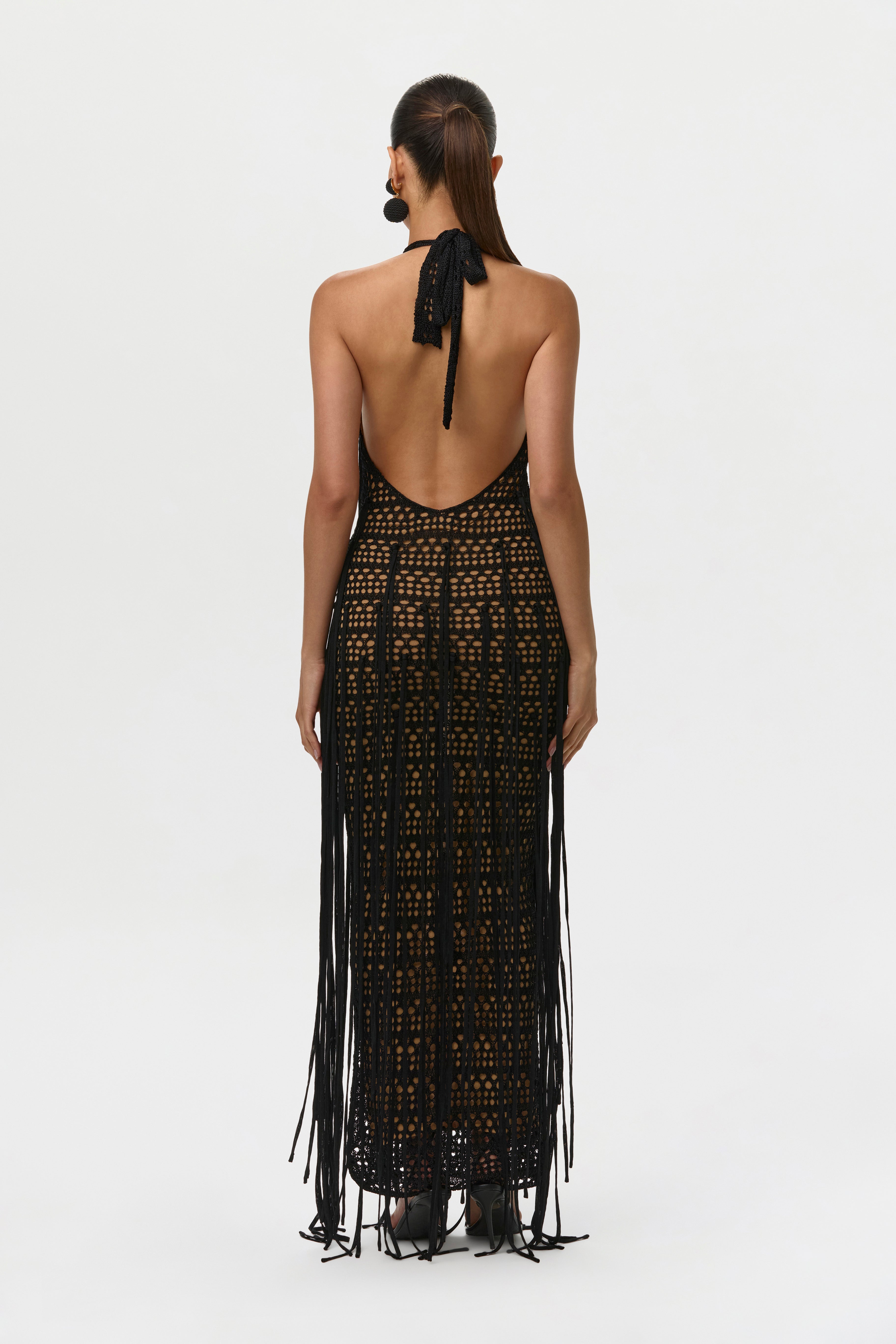 Crochet Plunge Fringe Maxi Dress