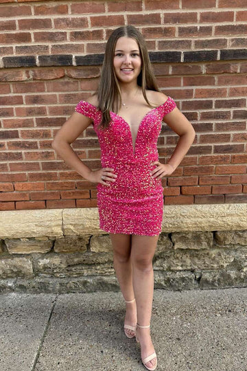 Off the Shoulder Hot Pink Sequin Tight Short Dress