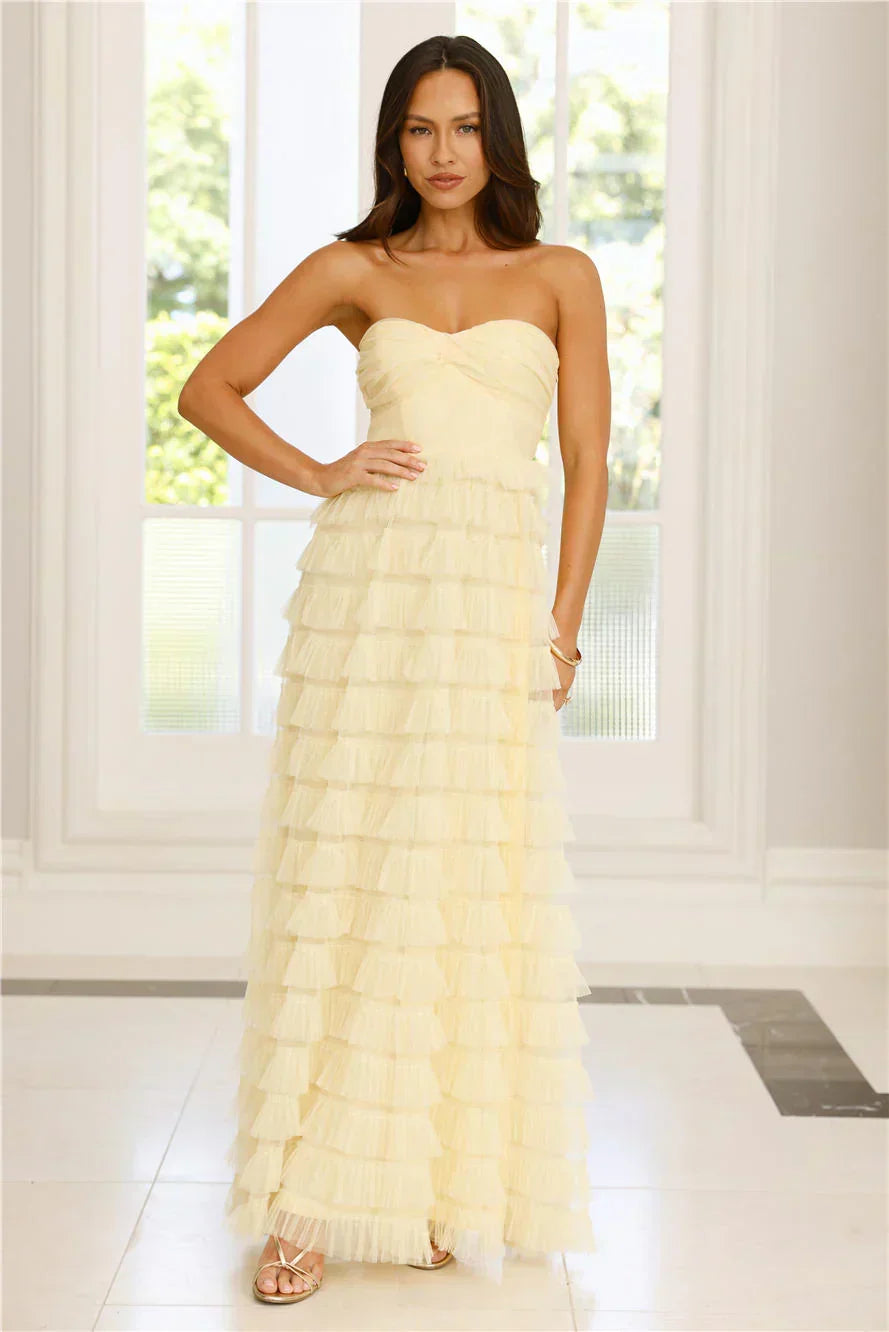 Pale Yellow Strapless Sweetheart Tiered Tulle Ruffle Floor Length Formal Evening Prom Dress